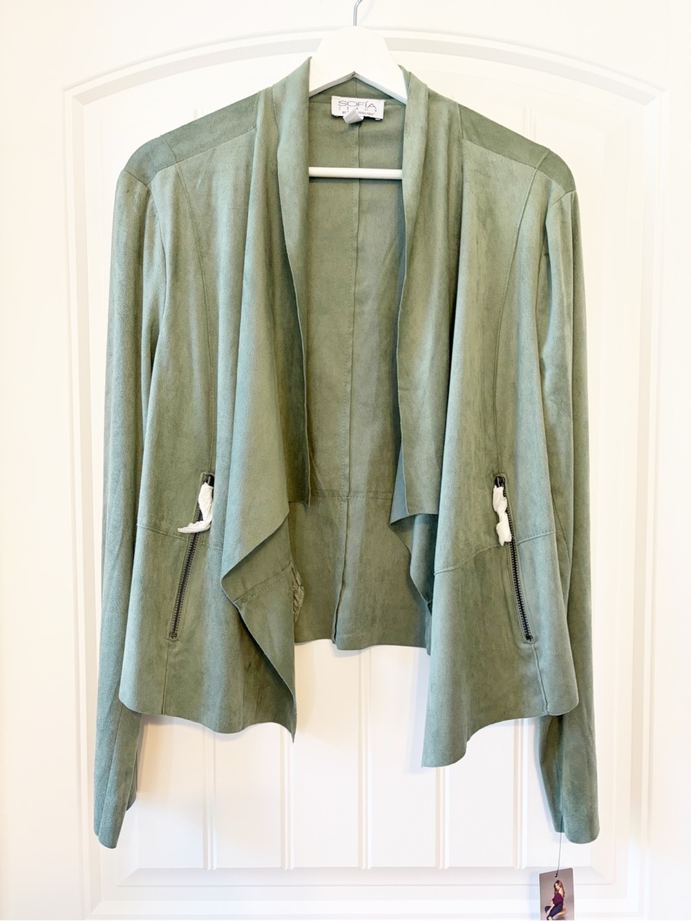 NWT Sofia Draped Suede Open-Front Jacket in Sage